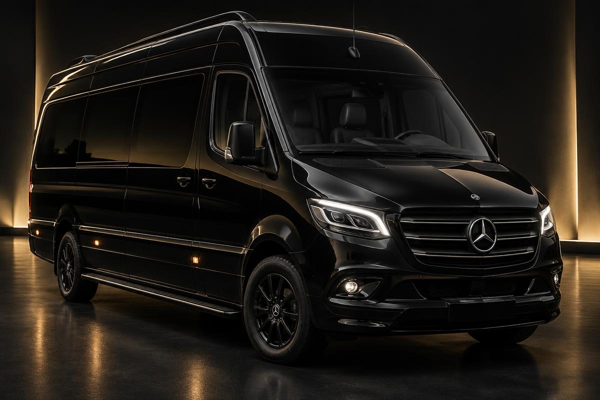 Black Mercedes-Benz Sprinter chauffeur vehicle